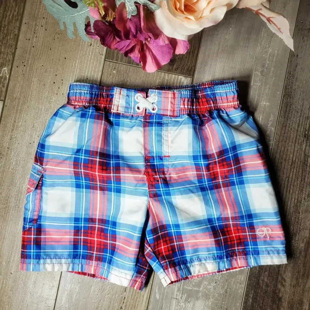 OP Baby Boy Board Shorts Swim Trunks Blue Red White Plaid Size 18m NWOT
